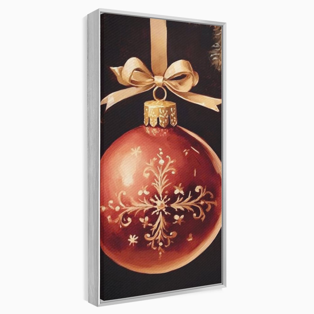 Tablou canvas cu tablou canvas cu glob rosu de craciun, in rama de aluminiu argintiu